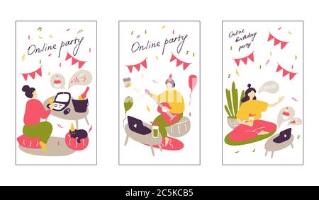 Online-Party. Satz vertikaler Webbanner. Sammlung von Tapeten für Social Media Geschichten, Karten, Flyer, Plakate, Banner und andere Werbung Stock Vektor