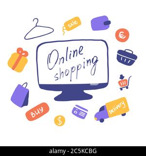 Online-Shopping-Konzept. Online-Einkäufe von zu Hause aus. Vektor-Flachdesign Stock Vektor