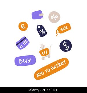 Online-Shopping Business-Symbole. Einfaches Doodle flat e-Store Icon Set. E-Commerce-Zeichen. Vektorgrafik Stock Vektor
