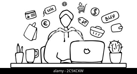 Mann arbeiten und online einkaufen für die Zeit der Quarantäne. Person kann nicht zu Hause verlassen und bestellen Lebensmittel und Waren im Online-Shop Stock Vektor