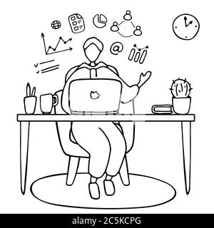 Man lehrt online. Blogger streamt. Guy Training online. Online-Universität, Videokonferenz, Remote-Arbeit, E-Learning-Konzept. Handgezeichneter Vektor Stock Vektor