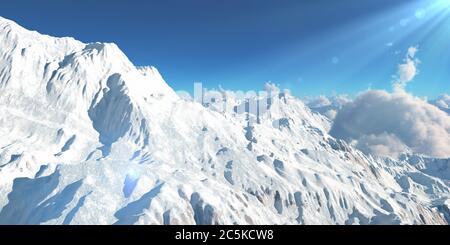 Bergpanorama über den Wolken. Computergenerierte 3D-Illustration Stockfoto