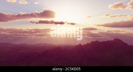Bergpanorama über den Wolken Sonnenuntergang. Computergenerierte 3D-Illustration Stockfoto Bergpanorama über den Wolken Sonnenuntergang. Computergenerierte 3D-Illustration Stockfoto