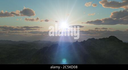 Bergpanorama über den Wolken Sonnenuntergang. Computergenerierte 3D-Illustration Stockfoto Bergpanorama über den Wolken Sonnenuntergang. Computergenerierte 3D-Illustration Stockfoto