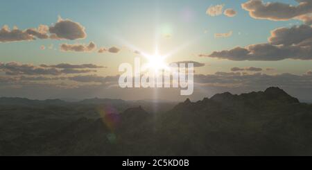 Bergpanorama über den Wolken Sonnenuntergang. Computergenerierte 3D-Illustration Stockfoto Bergpanorama über den Wolken Sonnenuntergang. Computergenerierte 3D-Illustration Stockfoto
