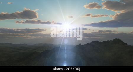 Bergpanorama über den Wolken Sonnenuntergang. Computergenerierte 3D-Illustration Stockfoto Bergpanorama über den Wolken Sonnenuntergang. Computergenerierte 3D-Illustration Stockfoto