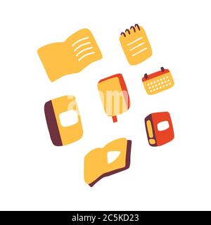 Notizbücher, Bücher, Zeitschriften, Kalender Doodle Symbole. Briefpapier-Symbolsatz. Handgezeichnete Vektorgrafik Stock Vektor