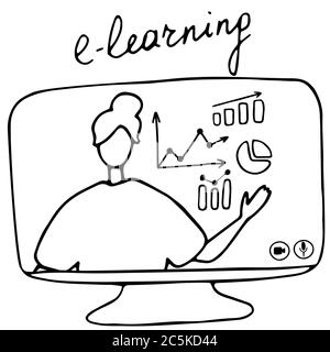 Online-Lehrer erklärt die Diagramme auf dem Monitor. Vektordarstellung für Online-Bildung, Lernen, E-Learning-Konzept Stock Vektor