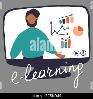 Handgezeichnetes Design Konzept der Online-Bildung, Schulungen und Kurse, Lernen, Video-Tutorials. Blogger Live Streaming. Mann auf dem Monitor. Vektor flach Stock Vektor