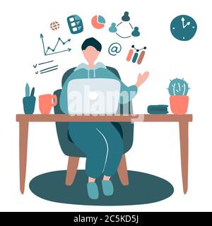 Blogger führen Business Blog. Man sendet online. Der Student studiert Remote und nimmt die Prüfung online ab. Der Leiter hält Online-Meetings vom Home Office ab Stock Vektor