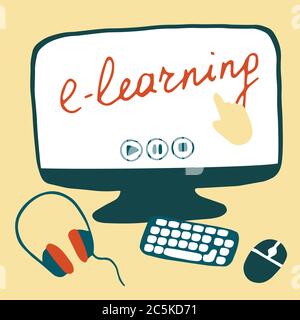 E-Learning-Konzept. Arbeitsplatz für Online-Schulungen und Telearbeit. Handgezeichnete flache Vektorgrafik Stock Vektor