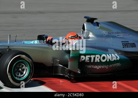MUGELLO, ITALIEN - Mai 2012: Michael Schumacher Mercedes F1 Team Racing in der Formel-1-Teams testen Tage in Mugello auf Mai, 2012 in Italien. Stockfoto