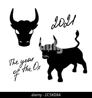Chinesische Sternzeichen Ox. Frohes Neues Jahr 2021 Stock Vektor