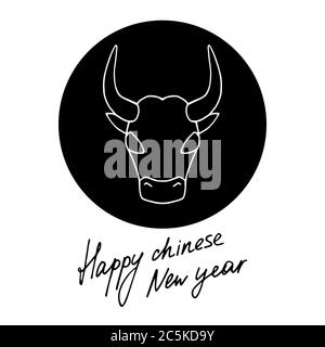 Chinesisches Neujahr 2021 Jahr des Ochsen. Doodle Hand gezeichnet Stier Symbol und Hand geschrieben Inschrift Happy chinese New Year. Vektorgrafik. Stock Vektor