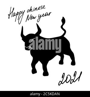 Chinesisches Neujahr 2021 Jahr des Ochsen. Doodle Hand gezeichnet Stier Symbol und Hand geschrieben Inschrift Happy chinese New Year. Vektorgrafik Stock Vektor