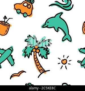 Sommerlich nahtloses Muster. Farbenfroher Hintergrund mit handgezeichneten Elementen. Helle Kollektion für Print und Digital. Stock Vektor