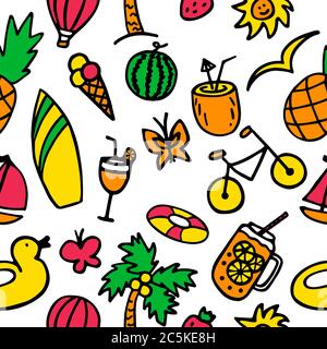 Farbenfrohe Sommer-Nahtloses Muster mit handgezeichneten Elementen Stock Vektor