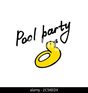 Beschreibung der Poolparty. Aufblasbarer Ring und Sonne. Handgezeichnete Grafik. Stock Vektor