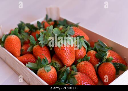 Holzkiste mit saftigen roten reifen Erdbeeren. Stockfoto