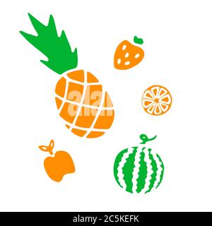 Sommer-Elemente. Handgezeichnete Fruchtsymbole für Druck und Digital. Schwarz auf Weiß. Stock Vektor