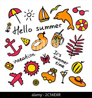 Sommer-Symbole eingestellt. Handgezeichnete Kollektion. Sommer Elemente und Inschrift Es ist Sommerzeit, hallo Sommer, Urlaub Stock Vektor