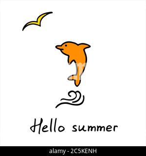 Karte mit handgezeichneter Delfin, Welle, Möwe und handgezeichneter Inschrift Sommer. Stock Vektor