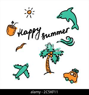 Sommer handgezeichnete Etiketten. Inschrift Frohe Sommer. Sommerurlaub, Reise, Strandurlaub Konzept. Stock Vektor