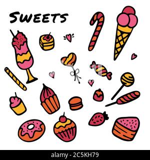 Handgezeichnete Süßigkeiten Doodle Elemente Set mit Süßigkeiten, Cupcakes, Kekse, Schokolade, Lutscher und Makronen Stock Vektor