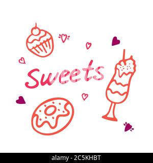 Handgezeichnete Süßigkeiten Doodle Elemente Set mit Süßigkeiten, Cupcakes, Kekse, Schokolade, Lutscher und Makronen Stock Vektor
