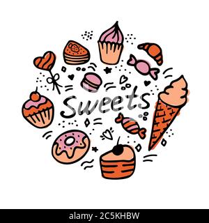 Handgezeichnete Süßigkeiten Doodle Elemente Set mit Süßigkeiten, Cupcakes, Kekse, Schokolade, Lutscher und Makronen Stock Vektor