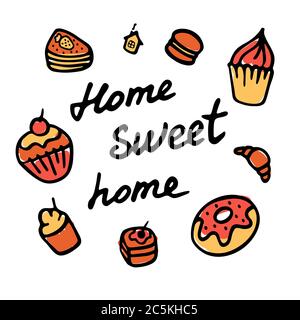 Startseite süß Hause Hand schreiben Inschrift. Handgezeichnete Süßigkeiten Icon Set. Stock Vektor