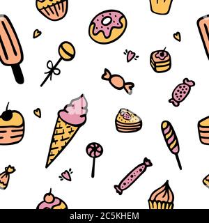 Doodle-Vektor. Bäckerei, Kuchen und Dessert, Gebäck Symbole gesetzt. Handgezeichnete Elemente für Logo, Label, Menü, Cafe-Shop Stock Vektor