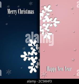 Minimalistisches Weihnachts-Poster-Template in dunkelblau, trendy romantische rosa Farbe mit weißen Schneeflocken. Text Frohe Weihnachten und Frohes neues Jahr. Luxus, Elegant, Moderner Stil. 3D-Illustration Stockfoto