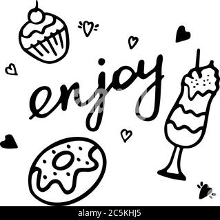 Viel Spaß mit der Beschriftung. Handgezeichnete Süßigkeiten Icon Set. Stock Vektor