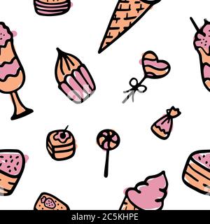 Doodle-Vektor. Bäckerei, Kuchen und Dessert, Gebäck Symbole gesetzt. Handgezeichnete Elemente für Logo, Label, Menü, Cafe-Shop Stock Vektor