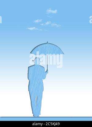 Ein Pessimist, ein Mann in einem Hut mit einem Regenschirm wird hier an einem sonnigen Tag gesehen. Stockfoto