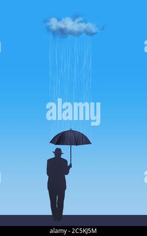 Ein älterer Mann mit einem Regenschirm steht unter einer Regenwolke, die der einzige am Himmel ist. Diese Illustration ist eine Metapher für mehrere Themen. Stockfoto