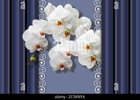 3D Tapete, weiße Orchideen, Muster mit vertikalen Streifen, Linien von unterschiedlicher Dicke und Pastelltönen. Gestreifter mehrfarbiger Hintergrund. Stockfoto