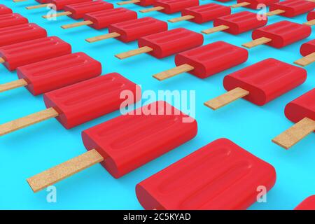 3D Illustration Erdbeer Popsicle Ice Cream Muster auf hellblauer Oberfläche. Stockfoto