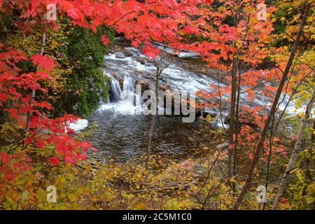 Michigan Wasserfall umrahmt von lebendigen Herbstfarben auf dem Falls River in der Upper Peninsula Stadt L'Anse. Stockfoto