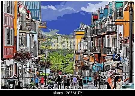 Photoshop manipuliertes Bild von Mont-Tremblant Fußgängerzone Dorf. Die hellen Farben der Gebäude betonen. Stockfoto