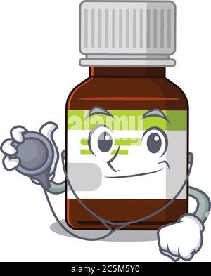 Smiley Arzt Cartoon Charakter der Antibiotika-Flasche mit Werkzeugen Stock Vektor