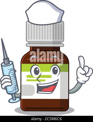 Antibiotika Flasche bescheiden Krankenschwester Maskottchen Design mit einer Spritze Stock Vektor