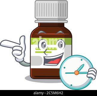 Maskottchen Design Stil von Antibiotika-Flasche stehen mit einer Uhr halten Stock Vektor