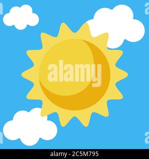 Sonne und Wolkenwetter auf blauem Hintergrund. Vektor-Illustration in trendigen flachen Stil. EPS 10 Stock Vektor