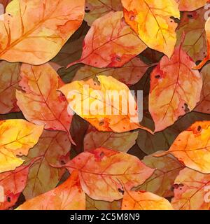 Golden Fall hinterlässt ein nahtloses Muster im Aquarell-Stil. Herbsthintergrund. Flach liegend, Draufsicht. Stockfoto