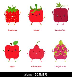 Niedliche Vektor von quadratischen geformt lächelnd Obst, Gemüse mit glücklichem Gesicht in roter Farbe - Erdbeer Tomate Passion Fruit Apple Rose Apple Dragon Fruit. Co Stock Vektor