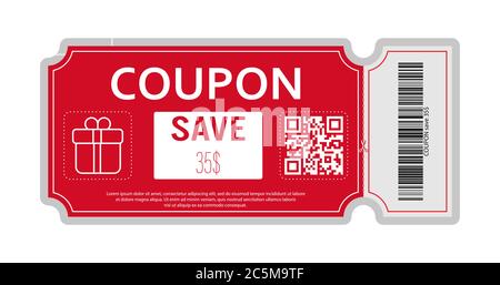 Coupon mit echtem Barcode und QR-Code für 35 Prozent Rabatt auf den Verkauf für Geschäfte, Handel und Unternehmen. Einfaches Design Stock Vektor