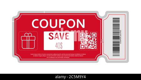 Coupon mit echtem Barcode und QR-Code für 40 Prozent Rabatt auf den Verkauf für Geschäfte, Handel und Unternehmen. Einfaches Design Stock Vektor