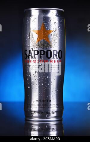 POSEN, POL - 17. JAN 2020: Dosen von Sapporo Bier, ein Produkt von Sapporo Breweries, ein japanisches Bierbrauunternehmen, das 1876 gegründet wurde. Stockfoto